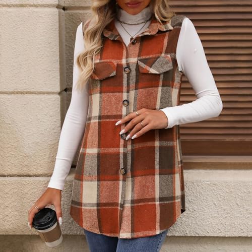 Women's Plus Size Plaid Vest Jackets Casual Work Coat Button Down Sleeveless Action Heat