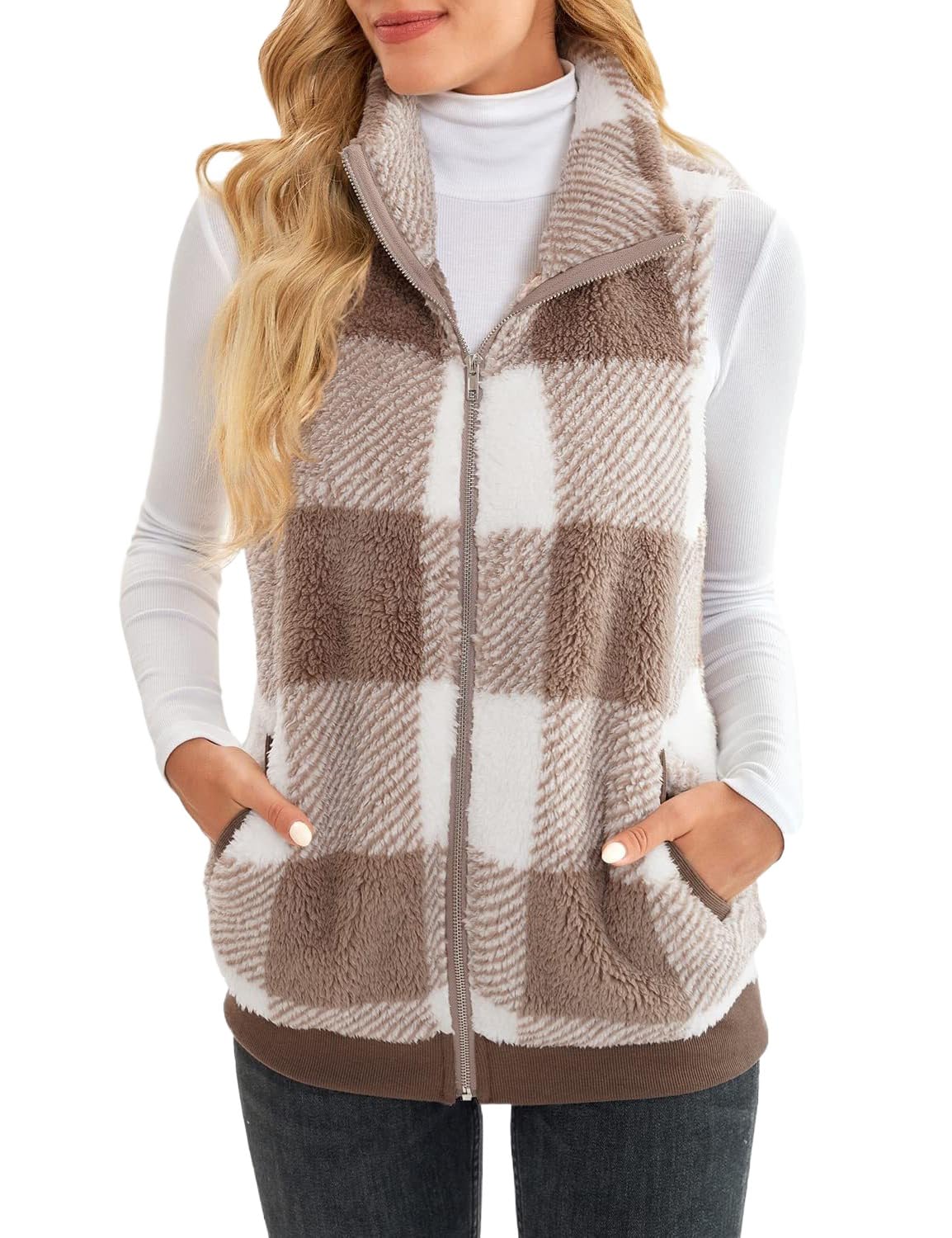 Plaid Fleece Vest for Women Fall Winter Warm Casual Outerwear
| Women's Plaid Sherpa Fleece Sleeveless Vest Casual Wint