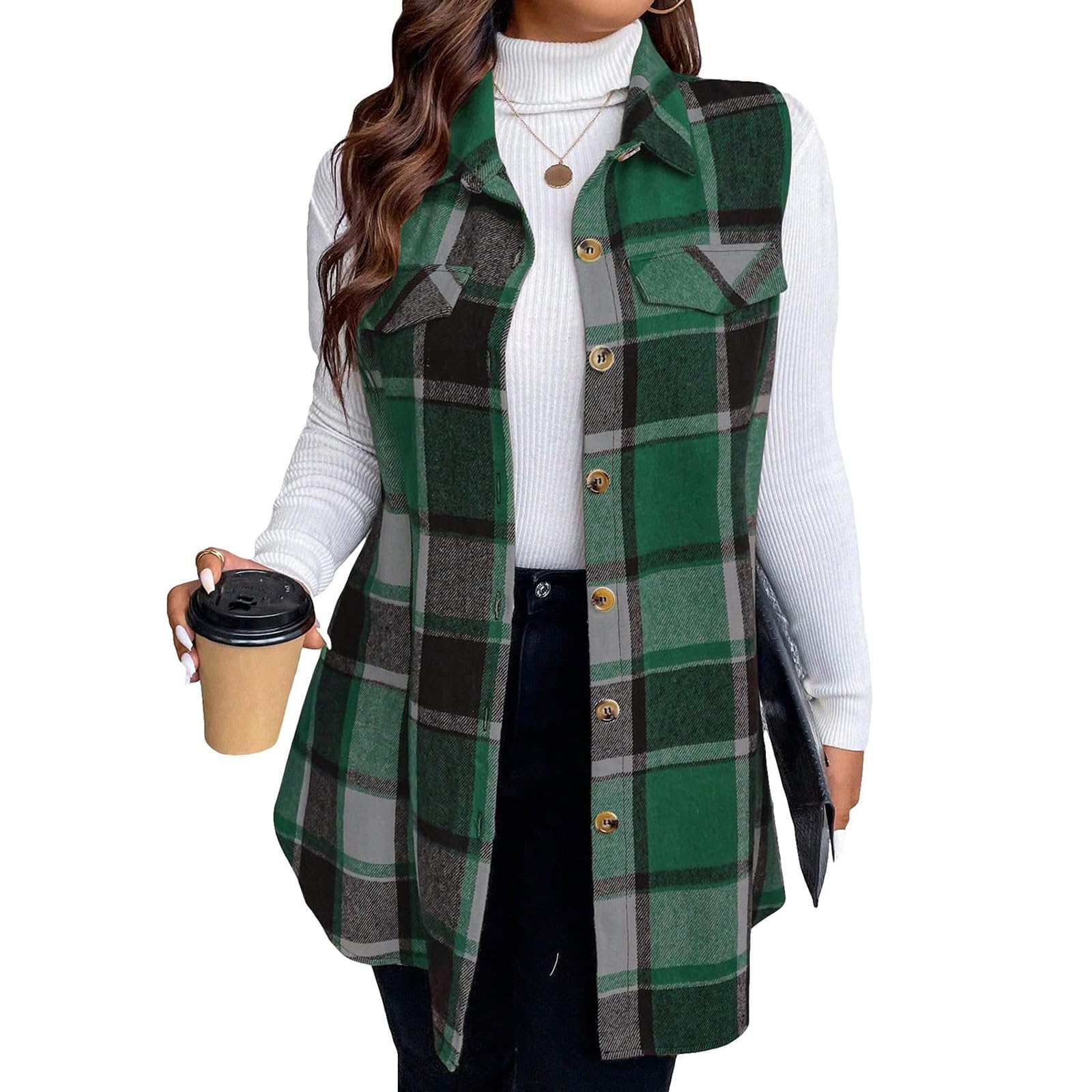 Tednrk Trendy Casual Women's Plaid Vest Sleeveless Flannel Shirt Jacket with Pockets
Tednrk 2024 Women's Plaid Vest Casu