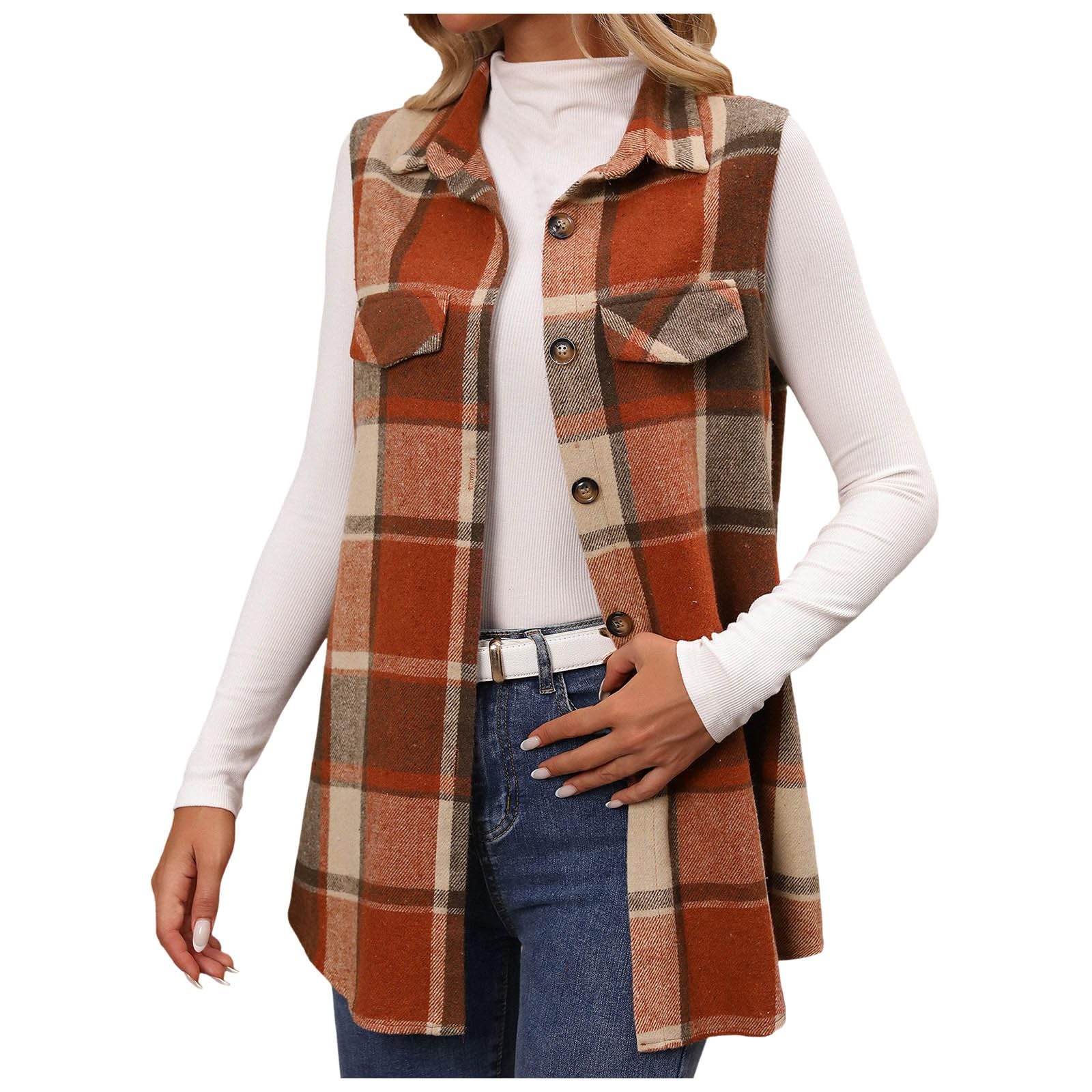 Women's Plus Size Plaid Vest Jackets Casual Work Coat Button Down Sleeveless Action Heat