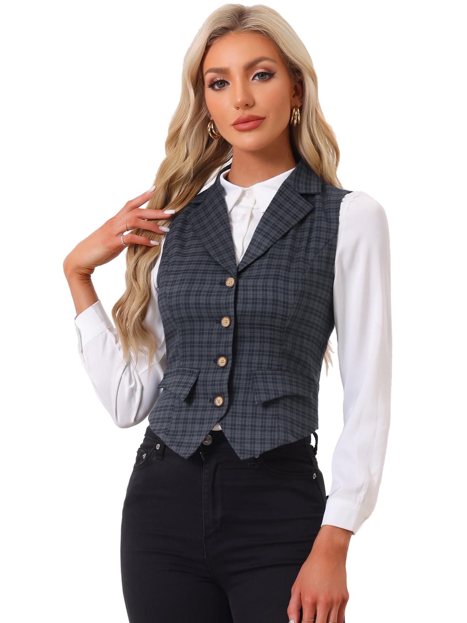 Allegra K Women's Plaid Waistcoat Notched Lapel Collar Single Breasted Vintage Vest for Casual Chic Events  
Allegra K W