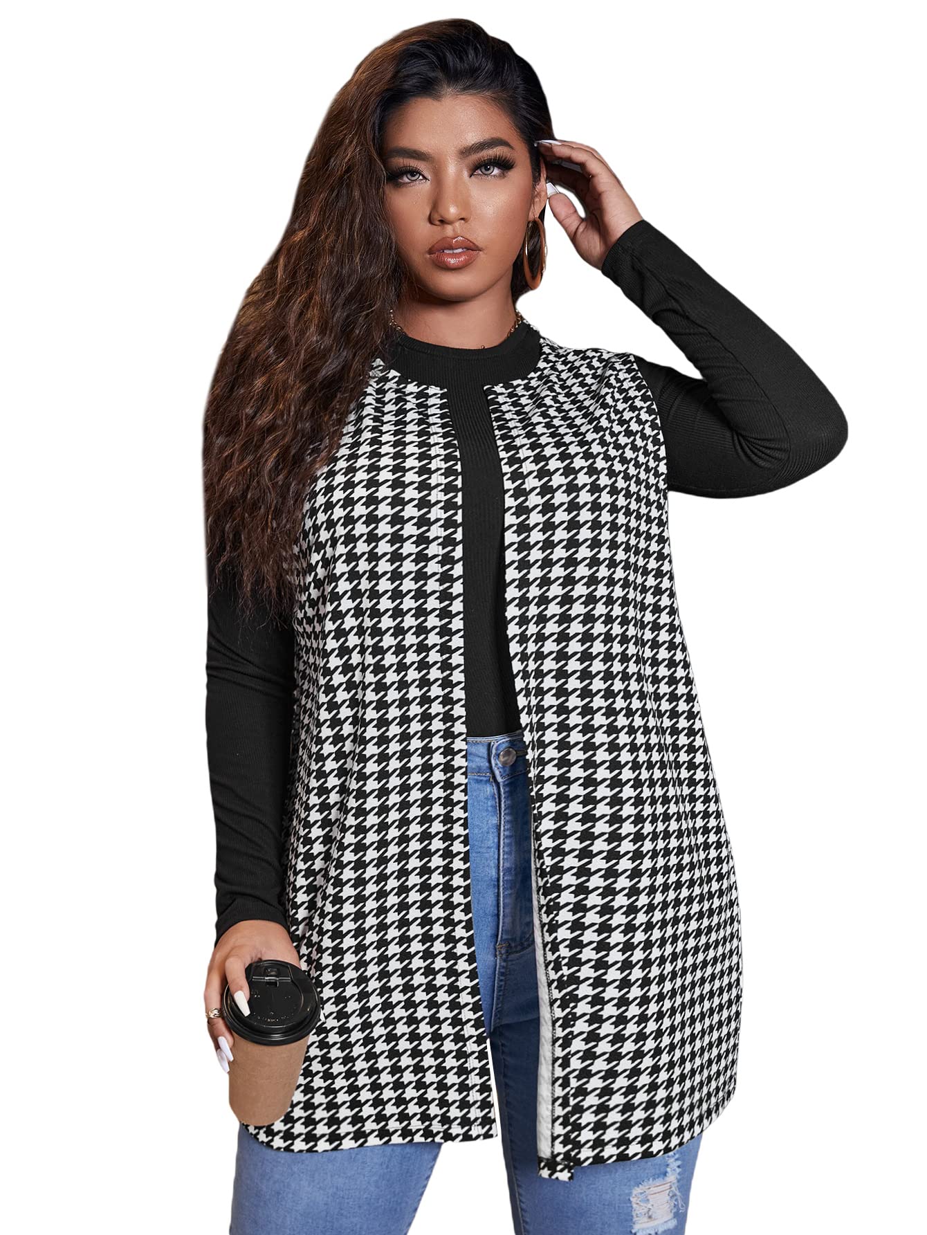 Milumia Women's Plus Size Houndstooth Vest Blazers Open Front Cardigan Trendy Plus Size Houndstooth Cardigan for Women O