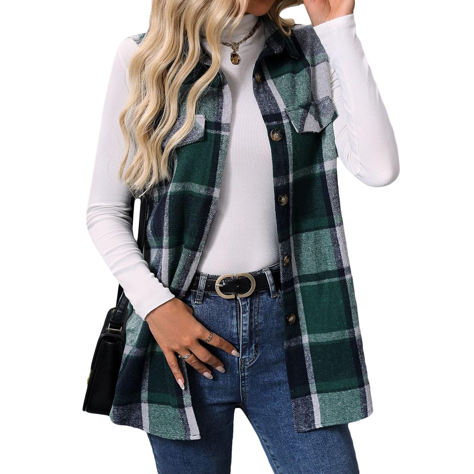 Wowcarbazole Womens Plaid Vest for Casual Wear Button Down Sleeveless Lapel Neck Outerwear Flannel Waistcoat Jackets